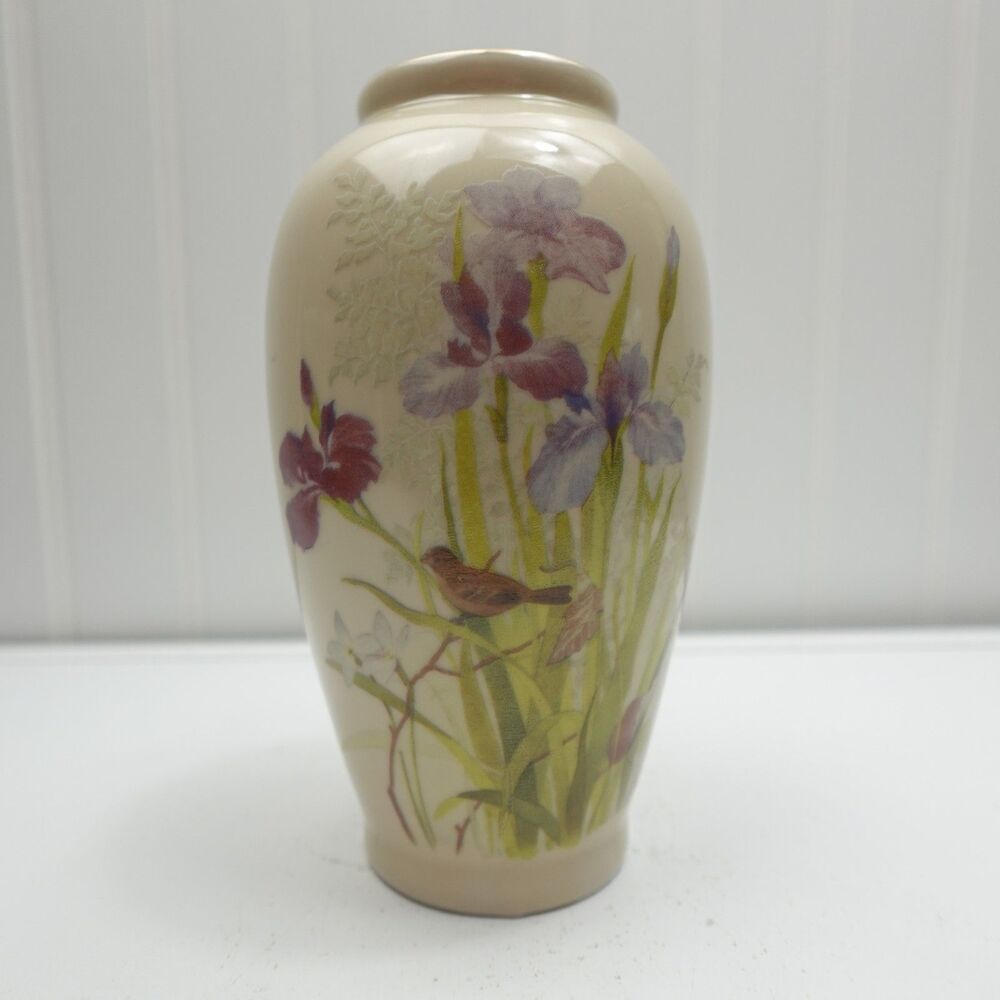 Vintage Japanese Ceramic Vase Iris Floral Bird Pattern Beige Glazed
